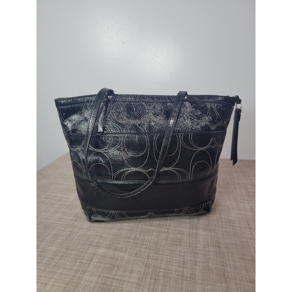 Coach Black Patent Leather Signature Sis Stitch Tote Bag F19198 Silver Hardware - Picture 4 of 9